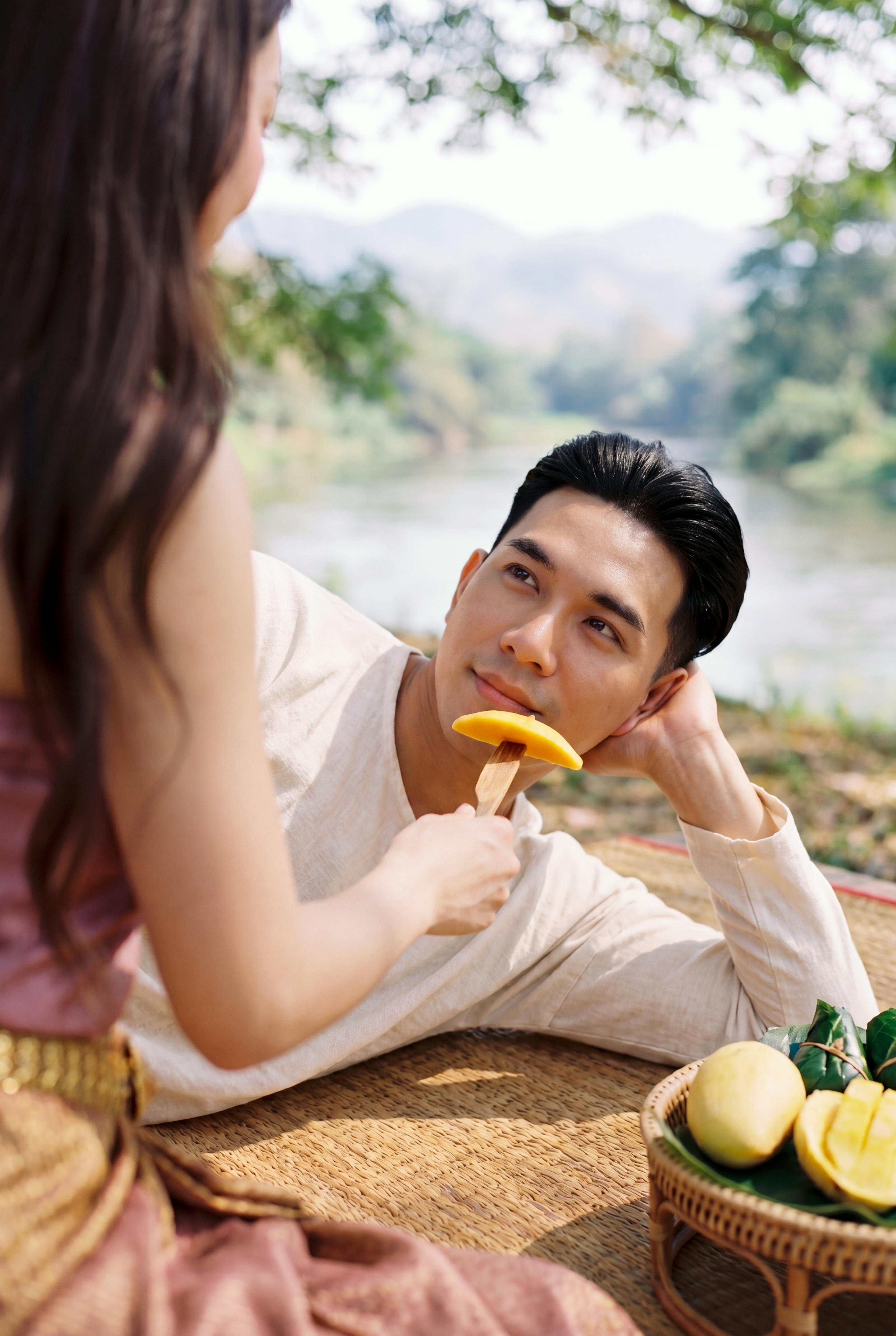 Close-up — focus on him reclining